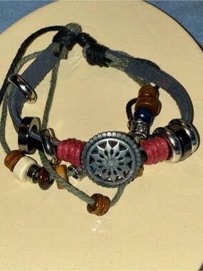Boho Multi-Strand Beaded Bracelet with Floral Medallion - Gray, Red, Brown